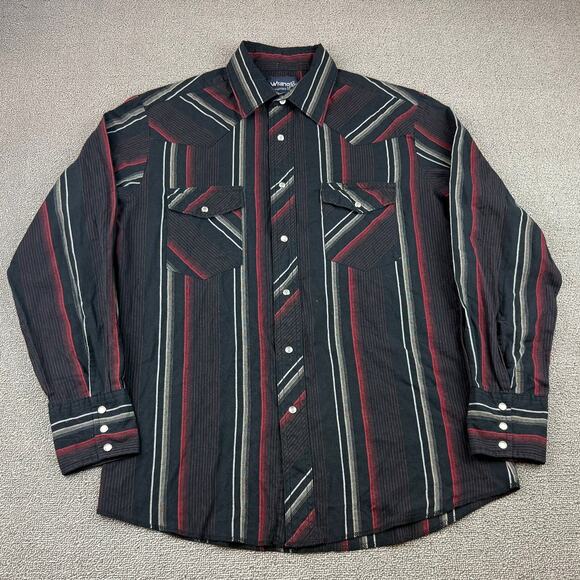 Vintage Wrangler Western Pearl Snap Shirt Men's M Black Red Stripe Long Sleeve - Picture 1 of 8